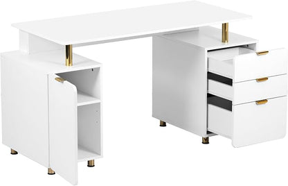 Elegant 57" W Executive Desk with 3 Drawers and Storage Cabinet, Modern Office Desk with Gold Accents, Floating Work Surface, Closed Storage with Ventilation & Adjustable Shelf (White,Gold)
