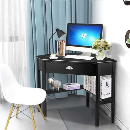 Nightcore Corner Desk for Small Space, Wood Corner Computer Desk, Compact Writing Table w/Drawer & Storage Shelves, Space Saving Study Workstation, Laptop PC Corner Table for Home Office