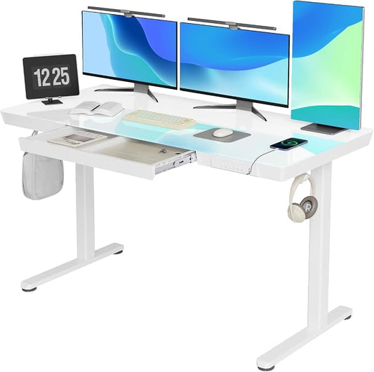 INNOVAR Glass Standing Desk with Drawers & USB Ports,55 inch Whole-Piece Glass Top Adjustable Height Desks, Quick-Install Electric Sit-Stand Up Desk for Home Office & Computer Workstation, White