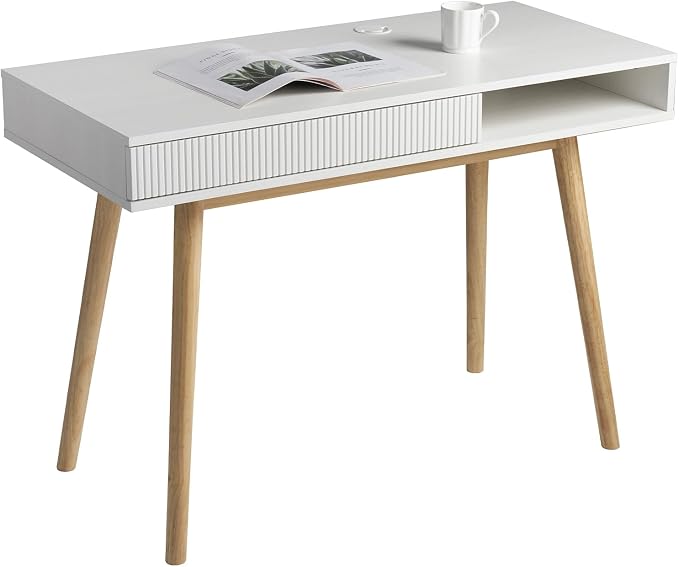 Artswish White Desk with Drawer for Small Spaces, Mid Century Modern Writing Desk with Storage Cubby & Cable Management Hole, Home Office Computer Desk for Bedroom, Apartment, Study Room