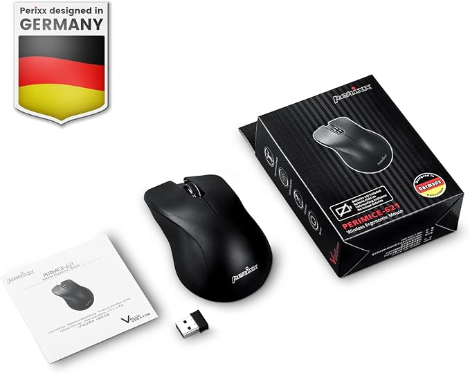 Perixx PERIMICE-621B Wireless Mouse - Silent Click with Ergo Design - Compatible for Desktop and Laptop PC - Wireless 2.4 GHz - Black