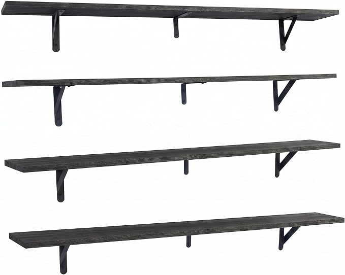 Long Wall Shelf,Large Floating Shelves for Wall,Wood Floating Bookshelves Hanging,Book Storage Display for Living Room Bedroom Office Bathroom Decor,4 Pack,57 Inch,Rustic Black