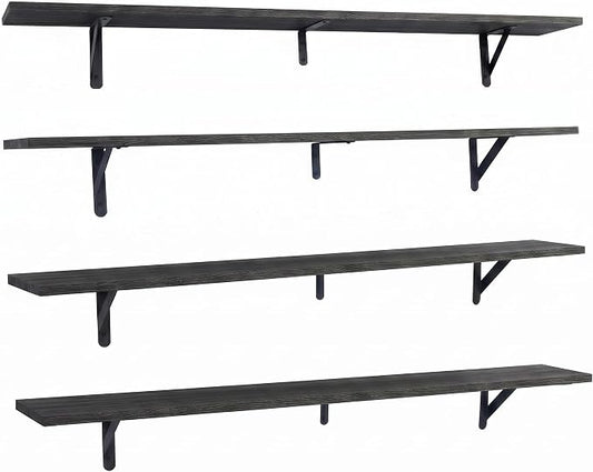 Long Wall Shelf,Large Floating Shelves for Wall,Wood Floating Bookshelves Hanging,Book Storage Display for Living Room Bedroom Office Bathroom Decor,4 Pack,57 Inch,Rustic Black