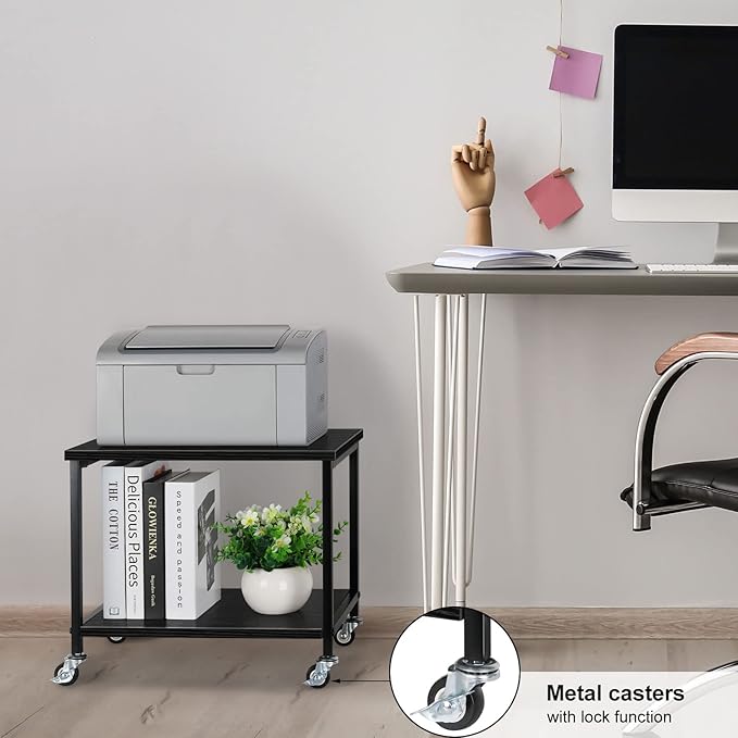 CADUKE Black Printer Stand, Under Desk Printer Table with Wheels, Mobile Printer Shelf 2 Tier Rolling Printer Cart for Home Desktop Organizer Shelf for Printer Fax Scanner Stand Rack Wood