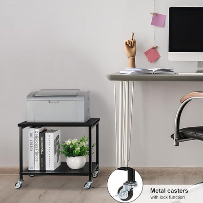 CADUKE Black Printer Stand, Under Desk Printer Table with Wheels, Mobile Printer Shelf 2 Tier Rolling Printer Cart for Home Desktop Organizer Shelf for Printer Fax Scanner Stand Rack Wood