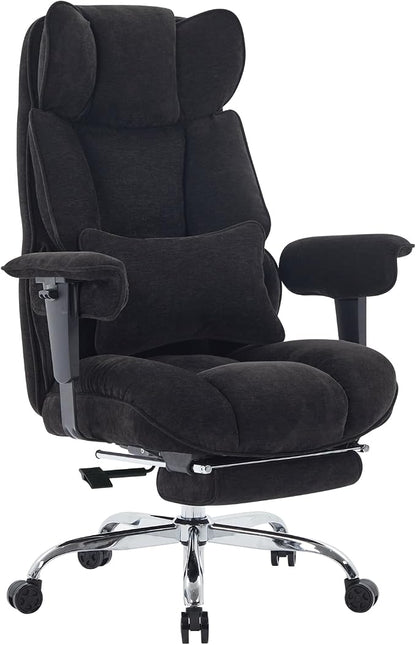 Efomao Executive Office Chair 400lbs, Black Fabric Big and Tall Desk Chair | Breathable fabric, pocket spring & foam seat, retractable footrest, 135° recline for computer gaming setup