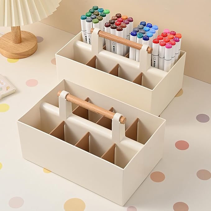 Buqoo Desk Organizer with 8 Compartments, Plastic Makeup Organizer with Wooden Handle, Pen Holder for Desktop Storage, Desk Organization for School, Home, Office Supplies (Coffee)