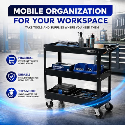 Hantec 3-Tier Rolling Mechanic Tool Cart – Heavy-Duty Steel Service Cart on Wheels with 360° Swivel Lockable Casters & Ergonomic Handle, 220 LBS Capacity, 31.9" L x 15" W x 30.7" H, Tool Organizer