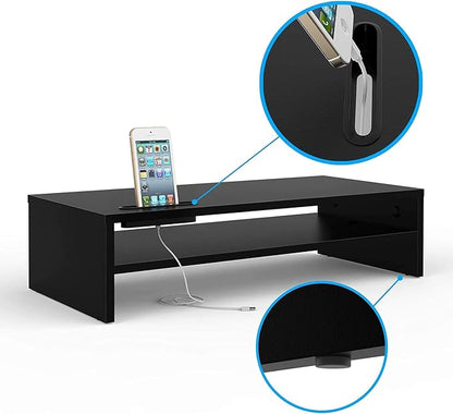 BONTEC Wood Monitor Stand Riser, 2-Tier Desktop Organizer with Storage, Ergonomic Computer Stand for Desk, Cable Management, Cellphone Holder, 21.3 Inch Shelf, Black