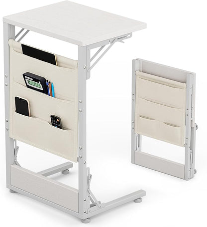 Folding TV Tray Table, 28.8" Tall C-Shaped Side Table for Couch and Bed, Slide Under Sofa Side Desk with Storage Bag - Sturdy Metal Frame Tray for Living Room, Bedroom, Home & Office (White)