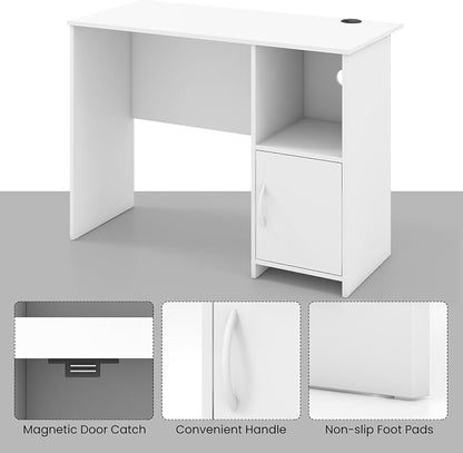 COSTWAY 42” White Home Office Desk, Modern Computer Workstation with Open Compartment & Cabinet, Compact Writing Desk with Cable Holes for Bedroom, Study Room, Dorm