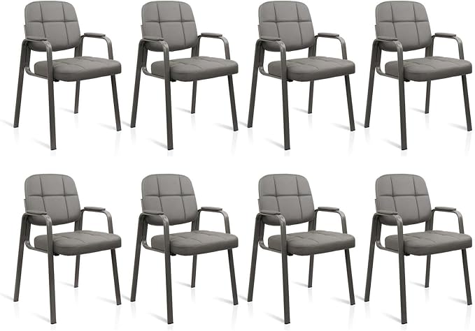 CLLATINA Waiting Room Chairs with Padded Arms Leather Guest Chair no Wheels for Office Reception and Conference Desk Gery, 8PK