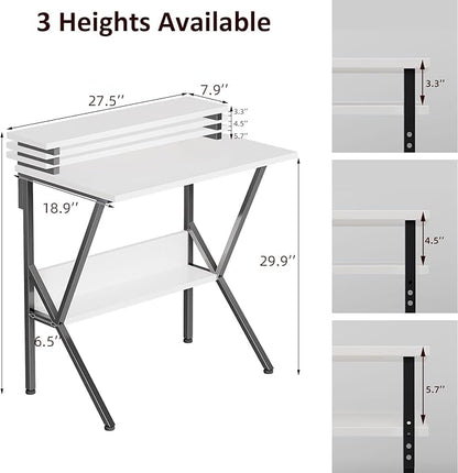 COTUBLR Small Desk, Small Computer Desk for Spaces, 27.5 Inch Computer Desk with Adjustable Monitor Stand, Compact Desk with Storage for Bedroom Home Office, White Tabletop+Black Frame