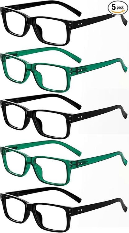 Eyekepper Vintage Reading Glasses for Men - 3 Pairs Black and 2 Pairs Green - Spring Hinges Classic Readers +1.25