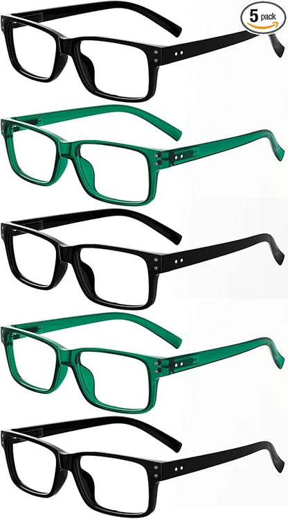 Eyekepper Vintage Reading Glasses for Men - 3 Pairs Black and 2 Pairs Green - Spring Hinges Classic Readers +0.75
