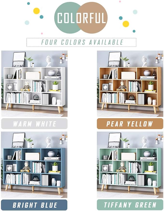 IOTXY Wooden Open Shelf Bookcase - 3-Tier Floor Standing Display Cabinet Rack with Legs, 10 Cubes Bookshelf, Warm White