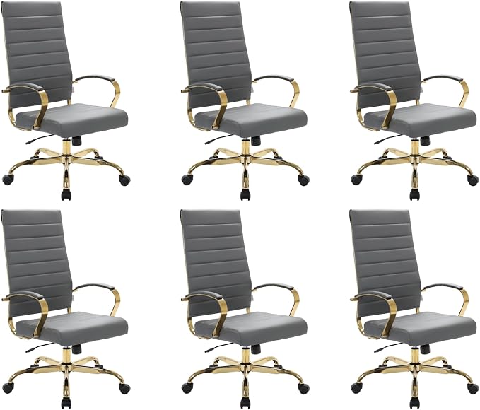 LeisureMod Modern High-Back Leather Office Chair - Swivel & Adjustable Executive Desk Chair with Gold Frame, Ergonomic Design for Home & Office (Grey, Set of 6)