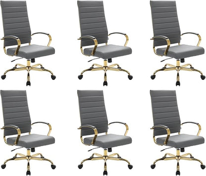 LeisureMod Modern High-Back Leather Office Chair - Swivel & Adjustable Executive Desk Chair with Gold Frame, Ergonomic Design for Home & Office (Grey, Set of 6)