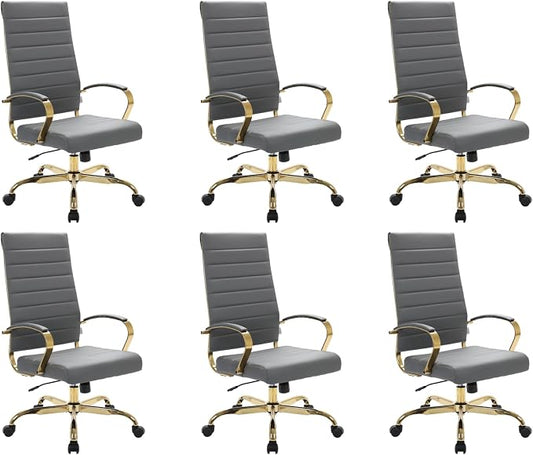 LeisureMod Modern High-Back Leather Office Chair - Swivel & Adjustable Executive Desk Chair with Gold Frame, Ergonomic Design for Home & Office (Grey, Set of 6)