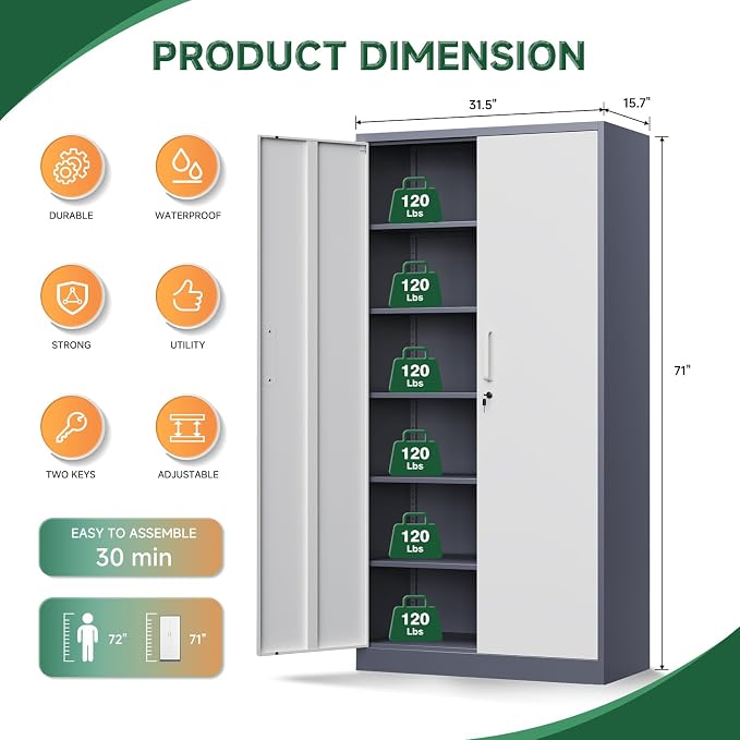 Letaya Metal Storage Cabinet with Lock Door, 71" Adjustable Shelf Steel Lockers for Office, Home,School,Garage Utility Tool Cabinet (2 Door-White&Gray)
