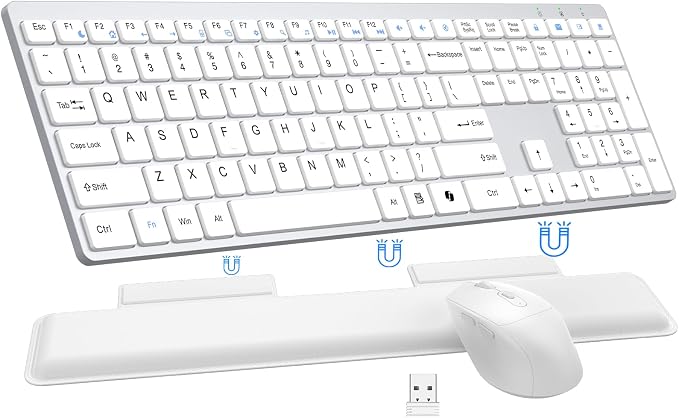 Wireless Keyboard and Mouse Combo, Full Size Silent Ultra Thin Keyboard with Magnetic Wrist Rest, Optical Mouse, 2.4G Lag-Free Cordless Mice Keyboard Set for Computer, Mac, Laptop, PC, Windows