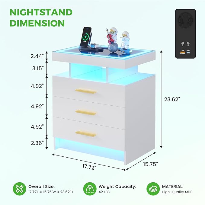 HNEBC LED Nightstand with Charging Station,Smart Bedside Table with Motion Sensor Lights,3 Drawers,Tempered Glass Top,High Gloss End Table with 3 Color Lights for Bedroom, Living Room,Office-White
