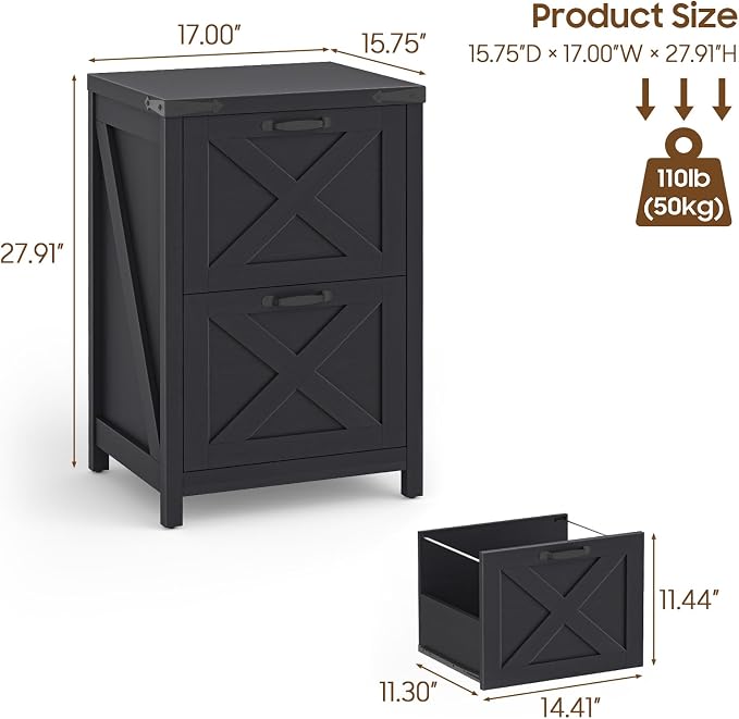 Halitaa 2 Drawer Small File Cabinet, Farmhouse Vertical Filing Cabinet Fits Letter and A4 Size, Under Desk Wooden File Cabinets for Home Office, Printer Stand, Black
