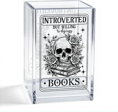 Introverted But Willing To Discuss Books Acrylic Organizer Pencil Pen Holder, Skeleton Bookmark Desk Accessories Holder, Bookworm Gifts for Women Reader Book Club Student Librarian Teacher