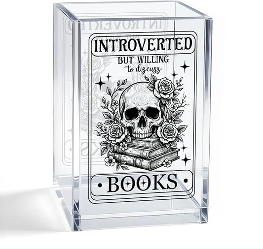 Introverted But Willing To Discuss Books Acrylic Organizer Pencil Pen Holder, Skeleton Bookmark Desk Accessories Holder, Bookworm Gifts for Women Reader Book Club Student Librarian Teacher
