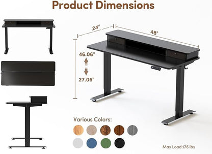 BANTI 48x24 Inch Electric Standing Desk with Dual Drawers, Height Adjustable Stand Up Table, Sit Stand Home Office Desk with Storage Shelf, Black Frame/Black Top