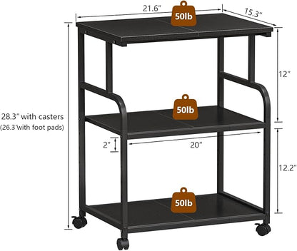 3-Tier Adjustable Large Printer Stand with Storage, Rolling Printer Cart with Lockable Wheels for Home, Office (Black)