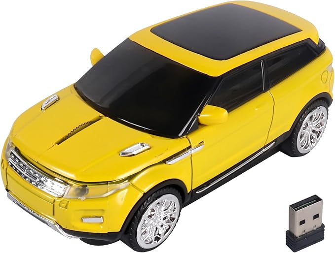 Car Mouse Mini Small Cool SUV Car Shaped Wireless Mouse Portable 2.4GHz Optical Cordless Mice with USB Receiver 3 Buttons for Office School Travel for Laptop PC Desktop Computer Gift ( Yellow-1 Pack)