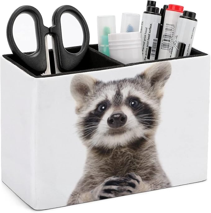 Niapessel Pencil Holder for Desk, Cute Funny Raccoon Pen Holder Storage Desktop Pen Organizer Desk Pencil Organizer Makeup Brush Holder for Office School College Leather