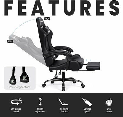 N-GEN GAMING Video Gaming Chair with Footrest Lumbar Support for Home Office High Back Recliner Height Adjustable Ergonomic Comfy Leather Computer Desk Chair (Carbon Black)