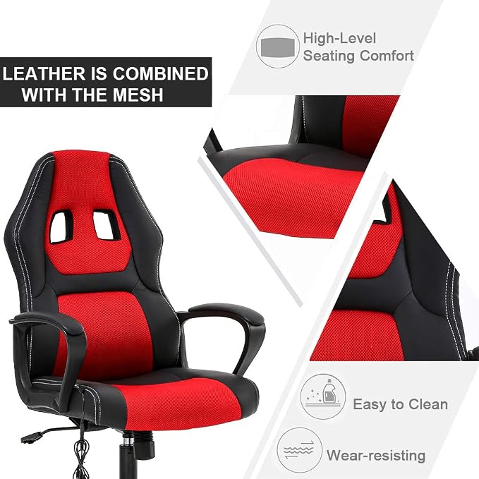Gaming Chair Ergonomic Office Chair Racing Desk Chair Massage PU Leather Adjustable Chair with Lumbar Support Headrest Armrest Task Rolling Swivel Computer Chair for Adults(Red)