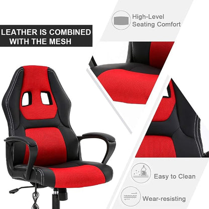 Gaming Chair Ergonomic Office Chair Racing Desk Chair Massage PU Leather Adjustable Chair with Lumbar Support Headrest Armrest Task Rolling Swivel Computer Chair for Adults(Red)