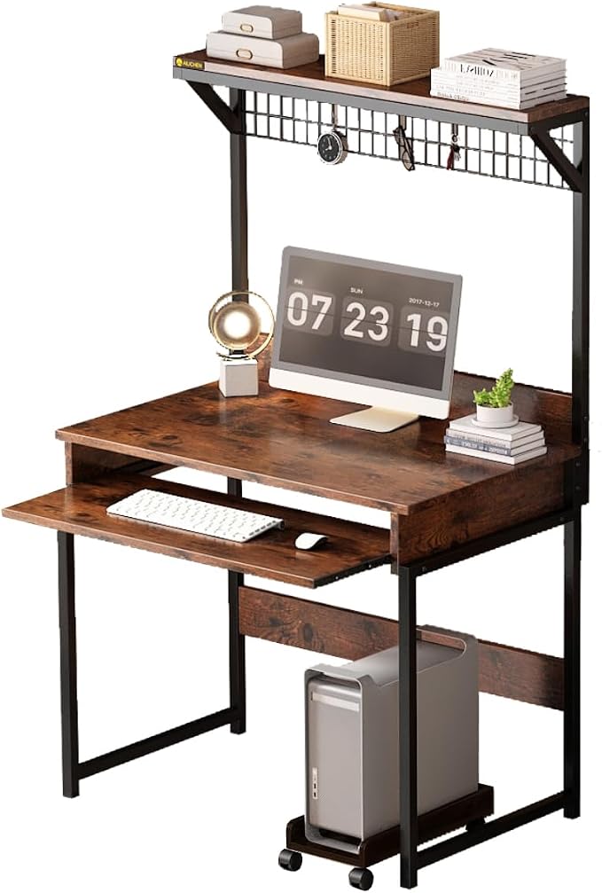 Computer Desk with Hutch and Storage Shelf，31.5 Inch Desk with Keyboard Tray, Office Study Table Writing Desk Workstation Bookshelf for Home Office, Brown