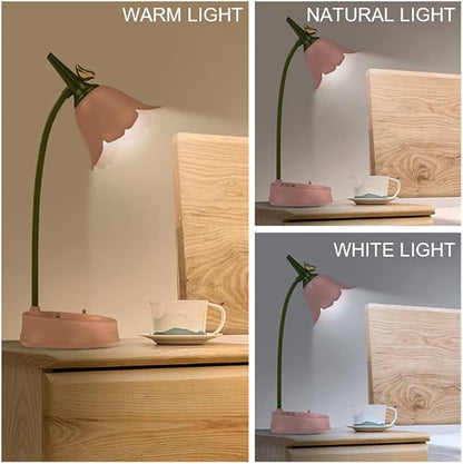 MAGICKK Flower LED Desk Lamp Cordless Table Light Adjustable Gooseneck Dimmable Touch Rechargeable Battery Student Bedroom Room Lighting Table Light House Decor (Pink)