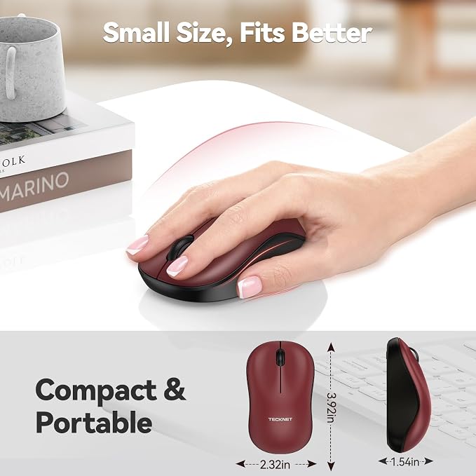 TECKNET Wireless Mouse for Laptop, 2.4G Silent Computer Mouse Quiet Click with 5 DPI Levels,Contoured Grip,Small Portable 30 Months Battery Cordless Mice for PC, Chromebook, Mac-Red