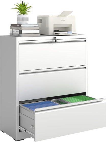 3 Drawer File Cabinet with Lock, Lateral Filing Cabinets,Metal Storage Filing Cabinets for Home Office, Heavy Duty File Cabinet for Letter/Legal/A4/F4 Size Amsseble Required, White
