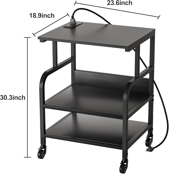 Large Printer Stand with 3-Tier Wood Storage Shelves - Multi-Purpose Desk Organizer for Printer Scanner Fax Home Office Use with Wheels (Jet Black)