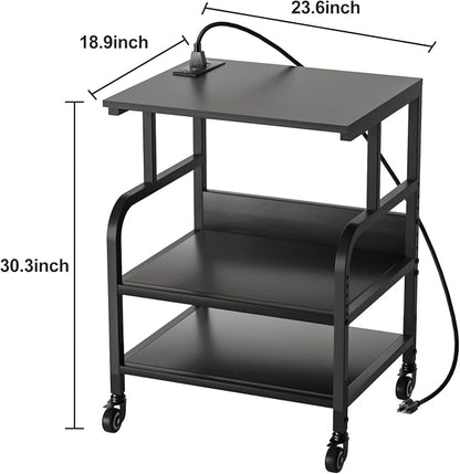 Large Printer Stand with 3-Tier Wood Storage Shelves - Multi-Purpose Desk Organizer for Printer Scanner Fax Home Office Use with Wheels (Jet Black)