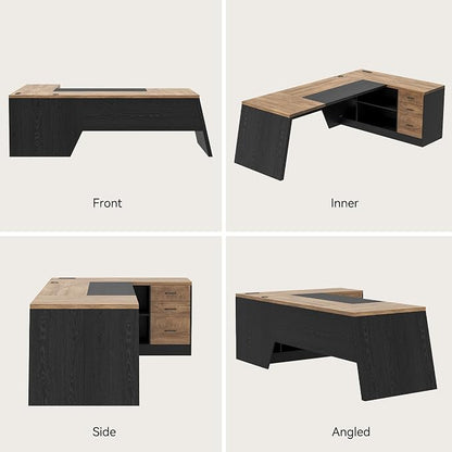 Epecoya L-Shaped Executive Desk with Drawer, Large Modern Home Office Desk with Cord Hold and Power Outlet, Big Wooden Business Furniture with Lateral File Cabinet for CEO Boss, Oak Black