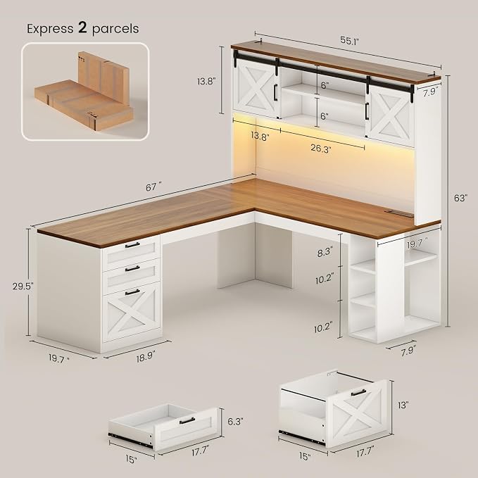 SEDETA 67" Farmhouse L Shaped Desk with Hutch, Home Office Desks with Drawers & Sliding Doors, Corner Computer Desk with Storage Shelves & Power Outlets, Executive Desk with LED Lights, White+Brown