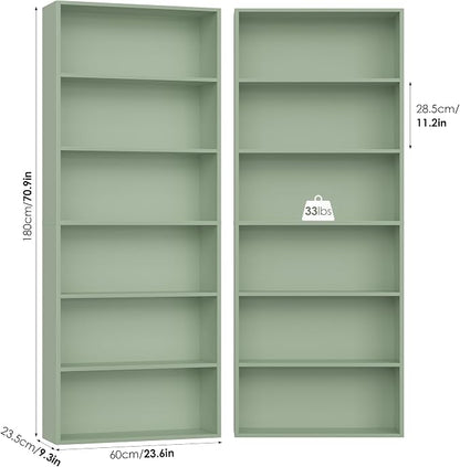 FOTOSOK 6-Tier Open Bookcase and Bookshelf, Freestanding Display Storage Shelves Tall Bookcase for Bedroom, Living Room and Office,Green Set of 2
