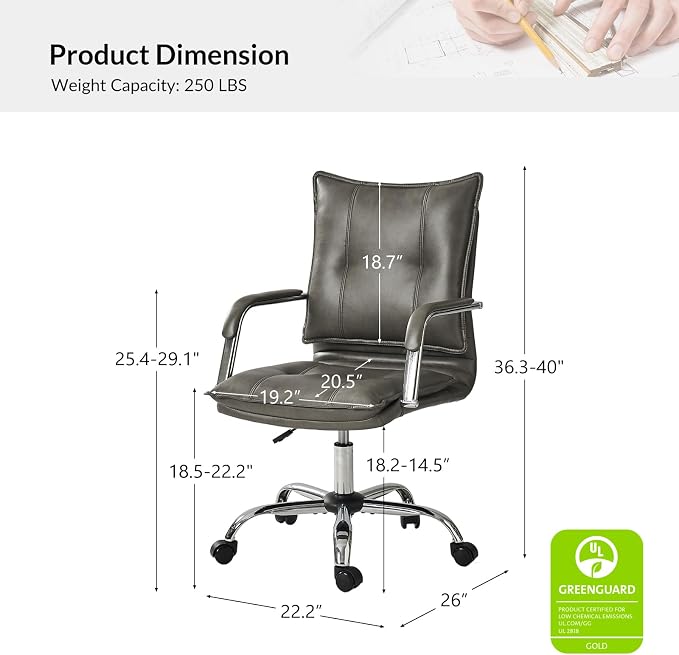 HULALA HOME Faux Leather Home Office Desk Chair, Adjustable Swivel Computer Chair with Sliver Legs and Arms, Comfy Upholstered Task Chair(Grey)