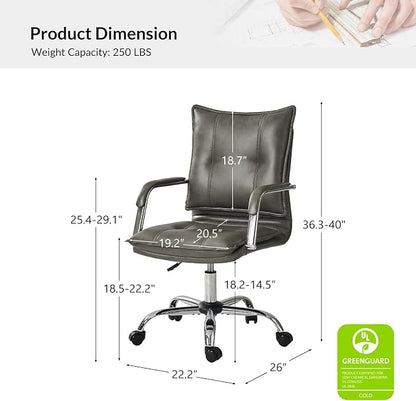HULALA HOME Faux Leather Home Office Desk Chair, Adjustable Swivel Computer Chair with Sliver Legs and Arms, Comfy Upholstered Task Chair(Grey)