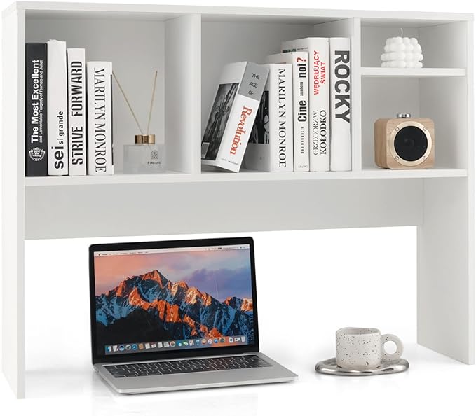 GOFLAME 4 Cubes Desktop Bookshelf, 37” Tabletop Wood Desk Shelf for Computer Monitor, Modern Countertop Desk Display Hutch Storage Organizer Shelf for Home Office, Dorm, Study, White