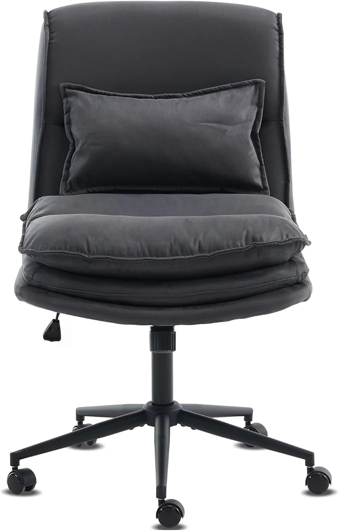 VINGLI Cloud Criss Cross Legged Chair,18" High Back Armless Home Office Desk Chair with Wheels,Wide Adjustable Comfy Padded Seat Task Computer Chair,Modern Swivel Makeup Vanity Chair,Microfiber,Grey