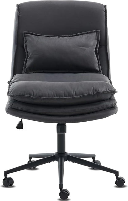 VINGLI Cloud Criss Cross Legged Chair,18" High Back Armless Home Office Desk Chair with Wheels,Wide Adjustable Comfy Padded Seat Task Computer Chair,Modern Swivel Makeup Vanity Chair,Microfiber,Grey